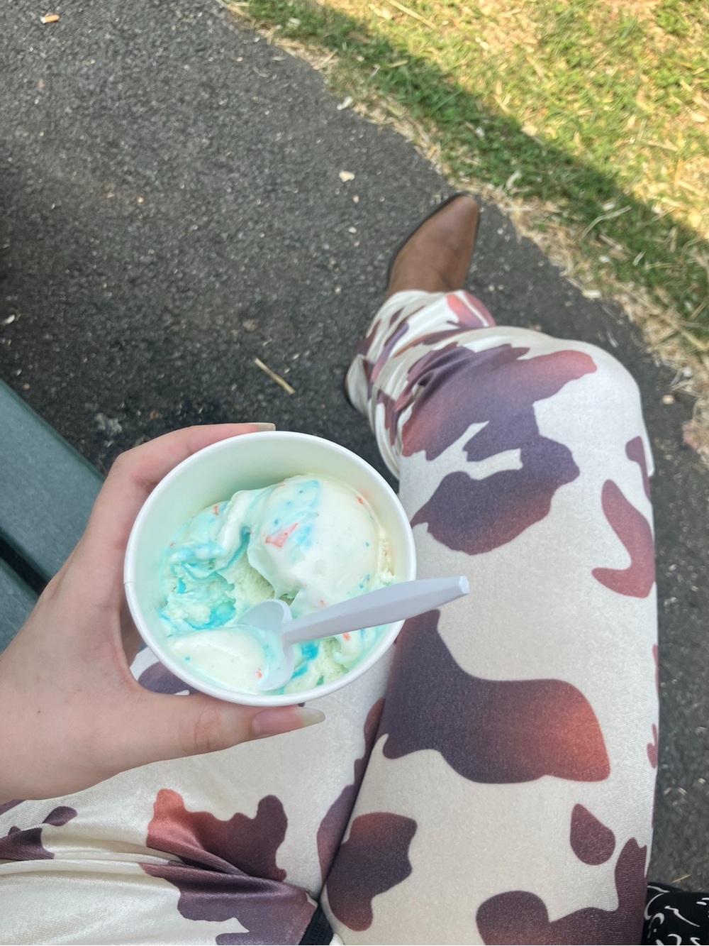 cow print zip around pants